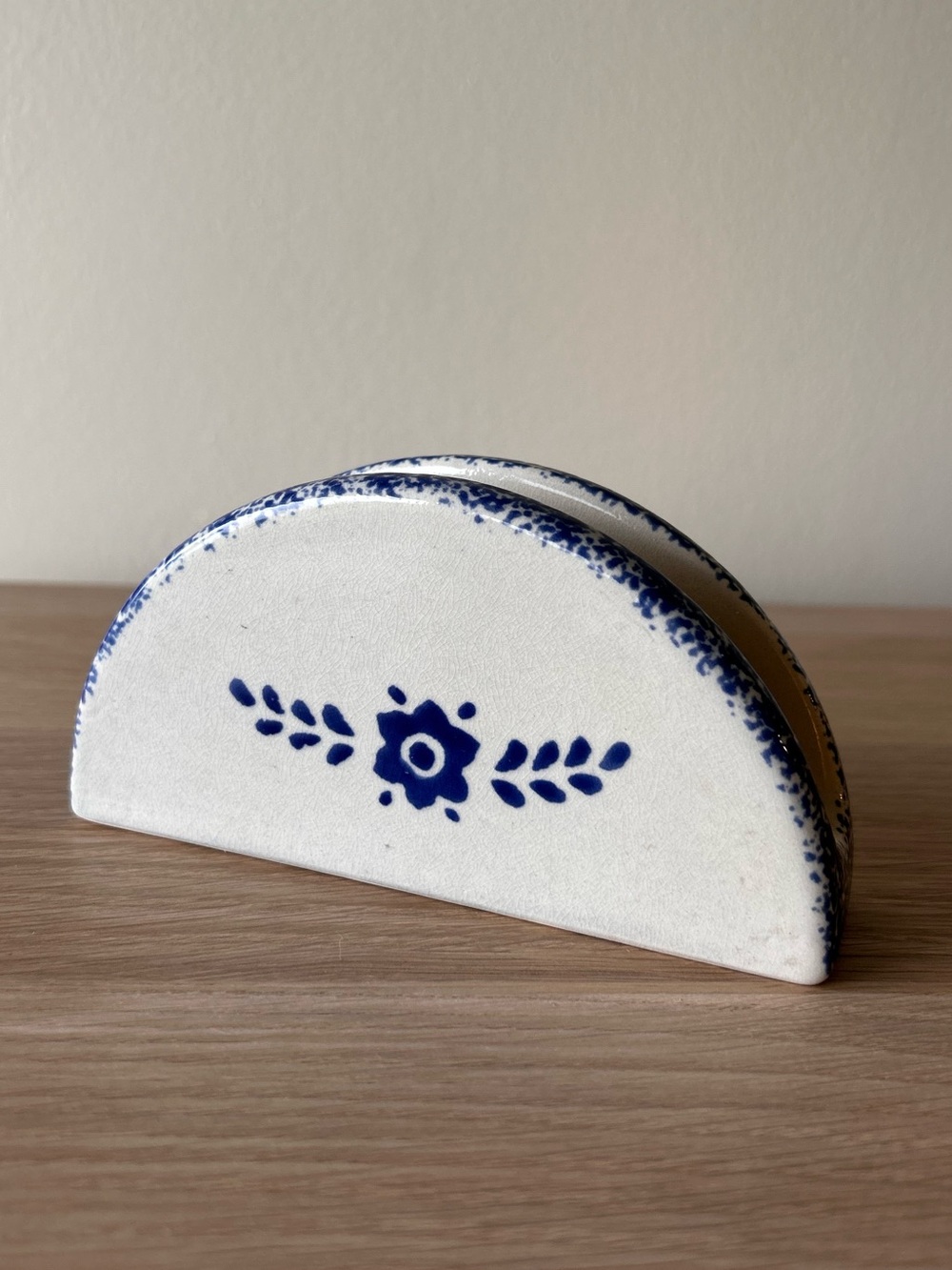 Vintage Hand-Painted Blue Floral Ceramic Napkin Holder